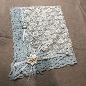 Vintage 1960s Handmade Ladies Lacy Handkerchief in Soft Blue w/Roses, Beads